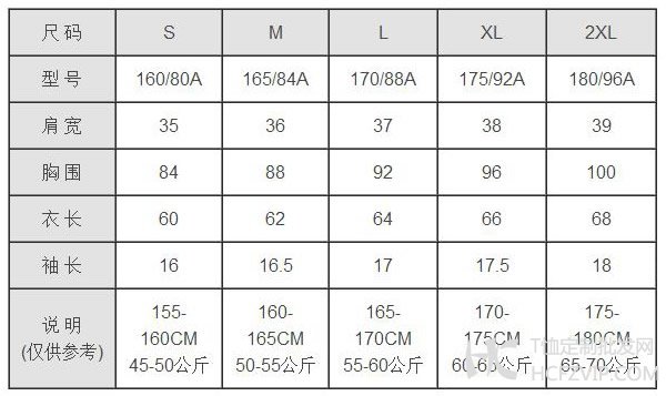 女士T恤尺碼對(duì)照表